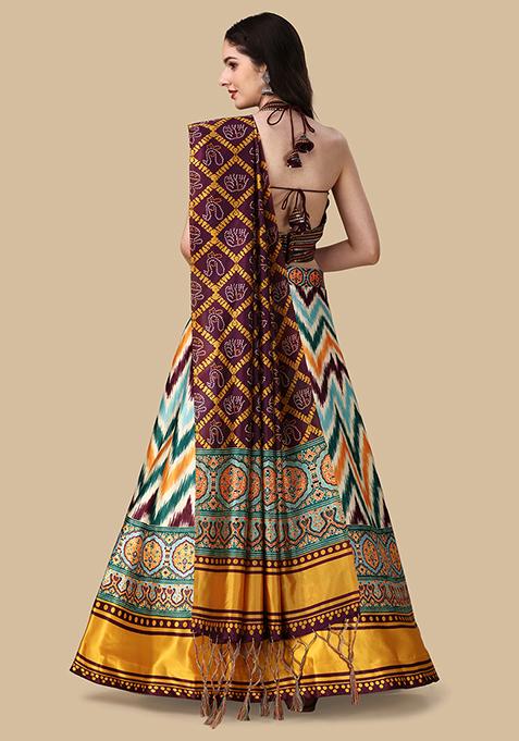 Maroon Printed Satin Lehenga Set