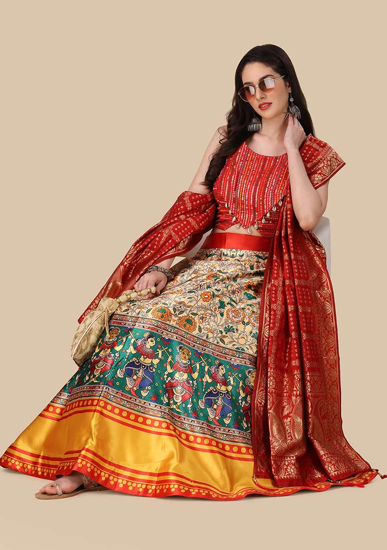 Red Silk Blend Lehenga Set with Digital Print for Diwali | Wedding & Festive Wear - Indya