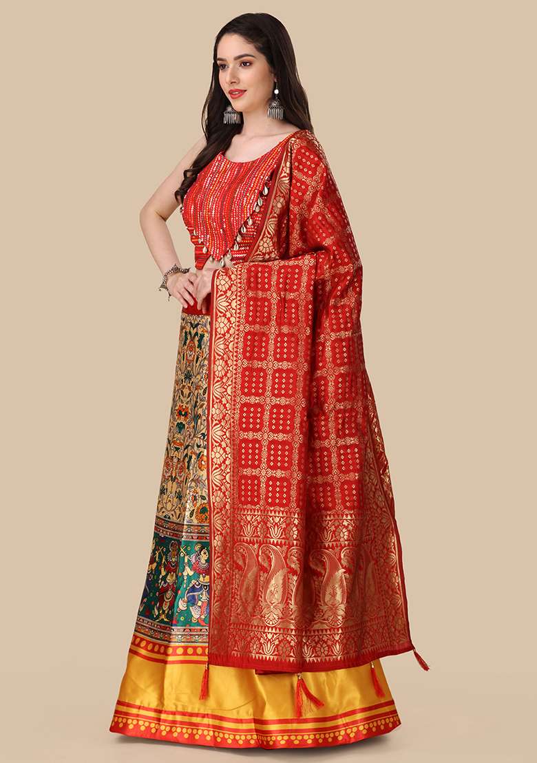 Red Silk Blend Lehenga Set with Digital Print for Diwali | Wedding & Festive Wear - Indya
