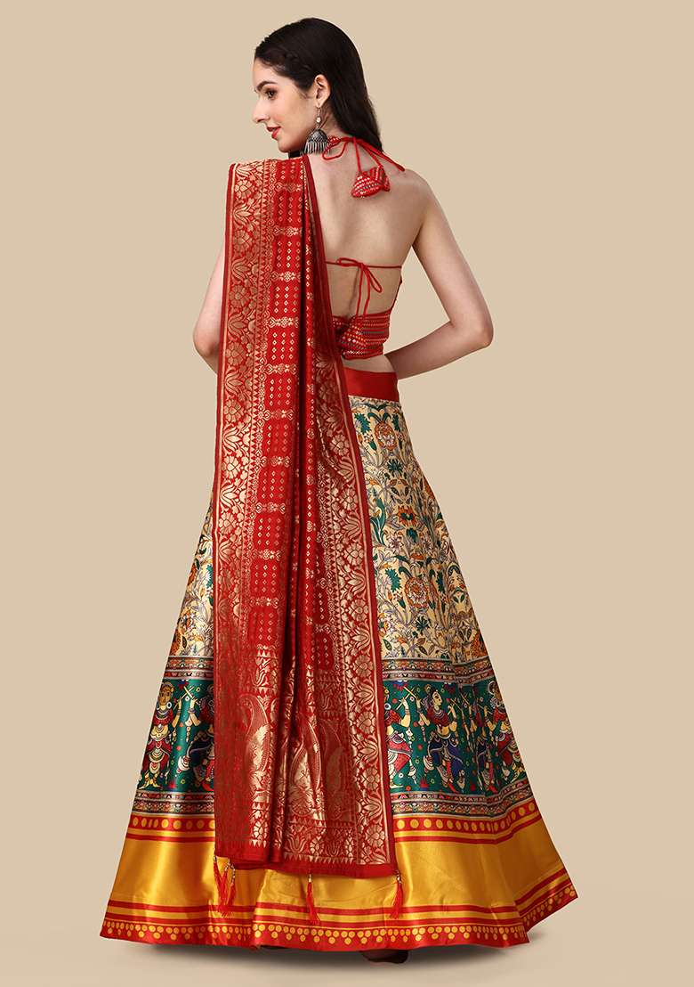 Red Silk Blend Lehenga Set with Digital Print for Diwali | Wedding & Festive Wear - Indya