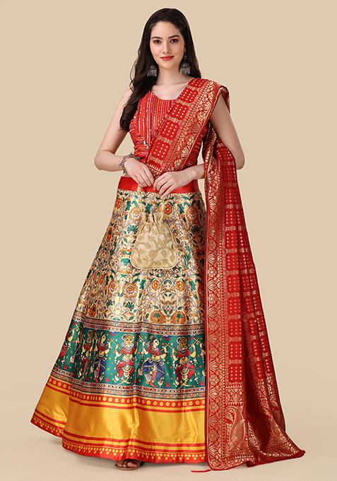 Red Digital Print Silk Lehenga Set