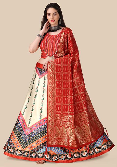 Red Digital Print Lehenga Set