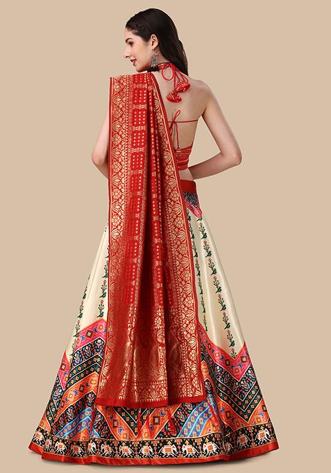 Red Digital Print Lehenga Set