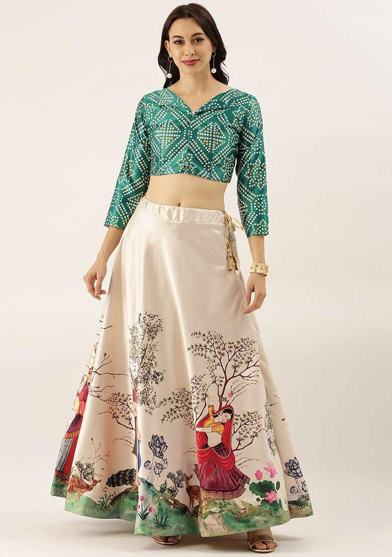 Green Blend Satin Silk Lehenga Set with Printed for Diwali | Wedding & Festive Wear - Indya