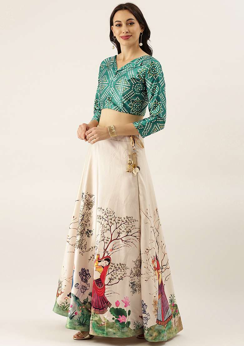 Green Blend Satin Silk Lehenga Set with Printed for Diwali | Wedding & Festive Wear - Indya