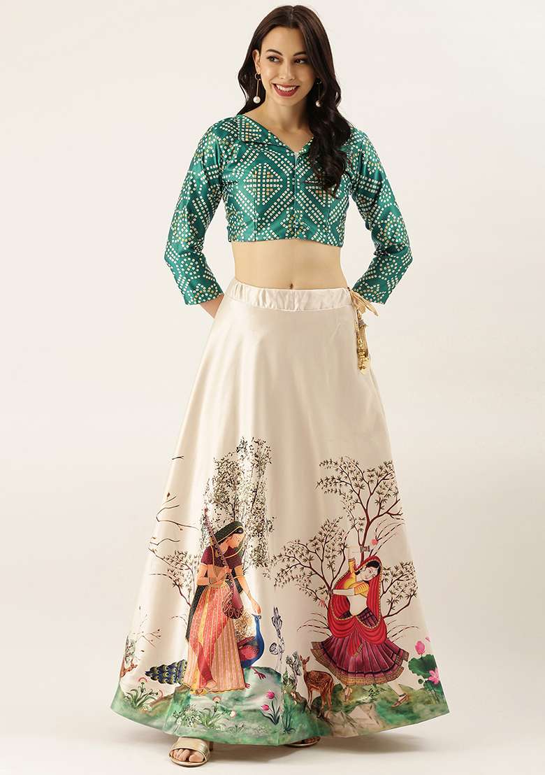 Green Blend Satin Silk Lehenga Set with Printed for Diwali | Wedding & Festive Wear - Indya