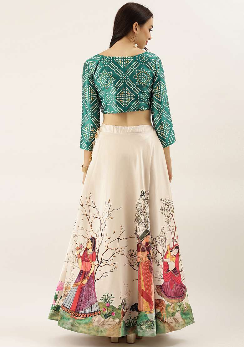 Green Blend Satin Silk Lehenga Set with Printed for Diwali | Wedding & Festive Wear - Indya