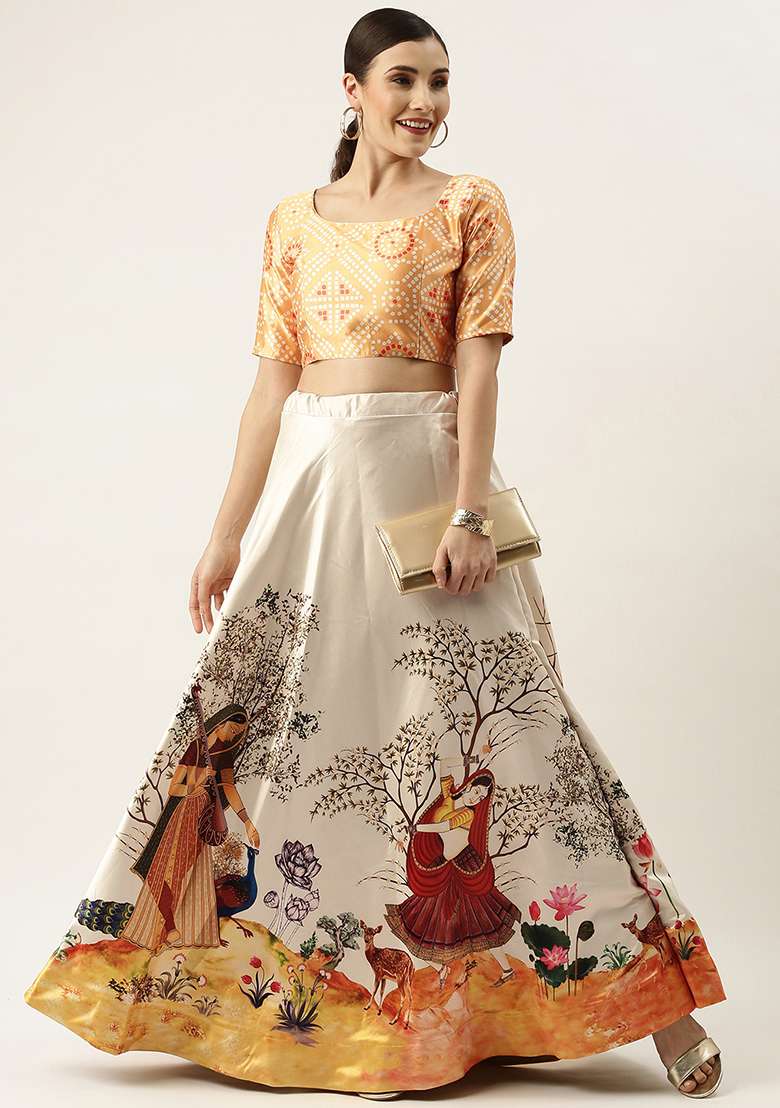 Yellow Printed Satin Lehenga Set for Diwali and Festive Wear - Indya