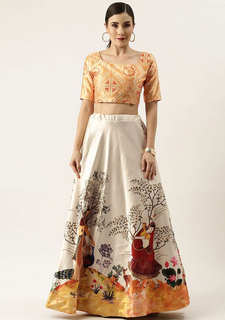 Yellow Printed Satin Lehenga Set for Diwali and Festive Wear - Indya
