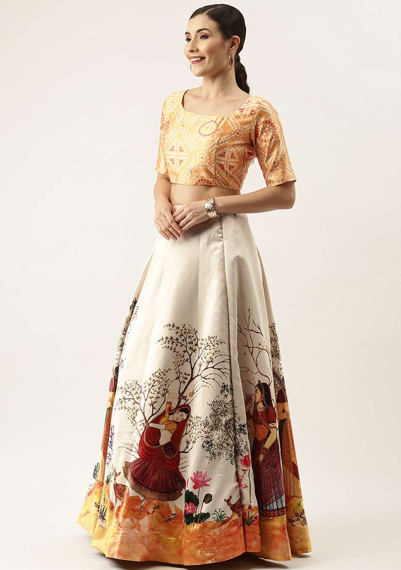 Yellow Printed Satin Lehenga Set for Diwali and Festive Wear - Indya