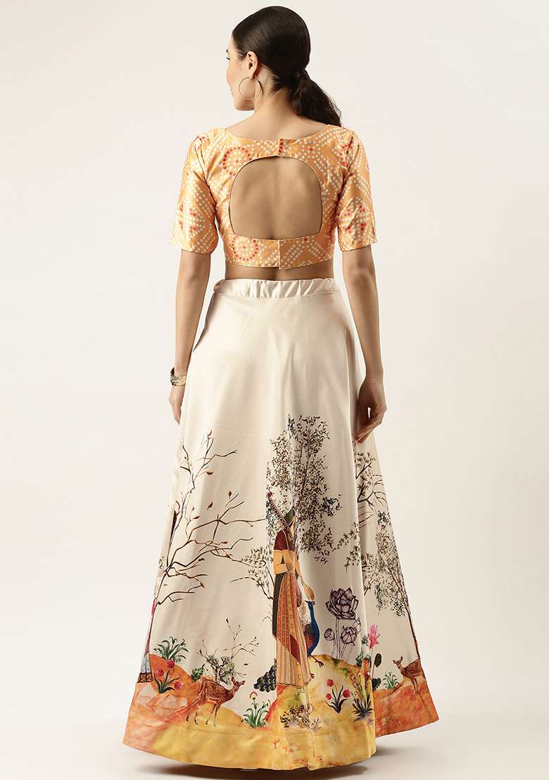 Yellow Printed Satin Lehenga Set for Diwali and Festive Wear - Indya