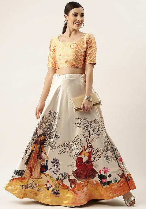 Yellow Printed Satin Lehenga Set