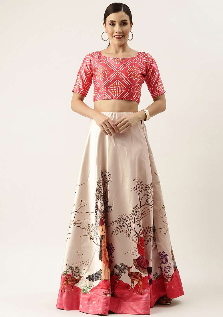 Red Printed Silk Blend Lehenga Set for Diwali and Festive Wear - Indya
