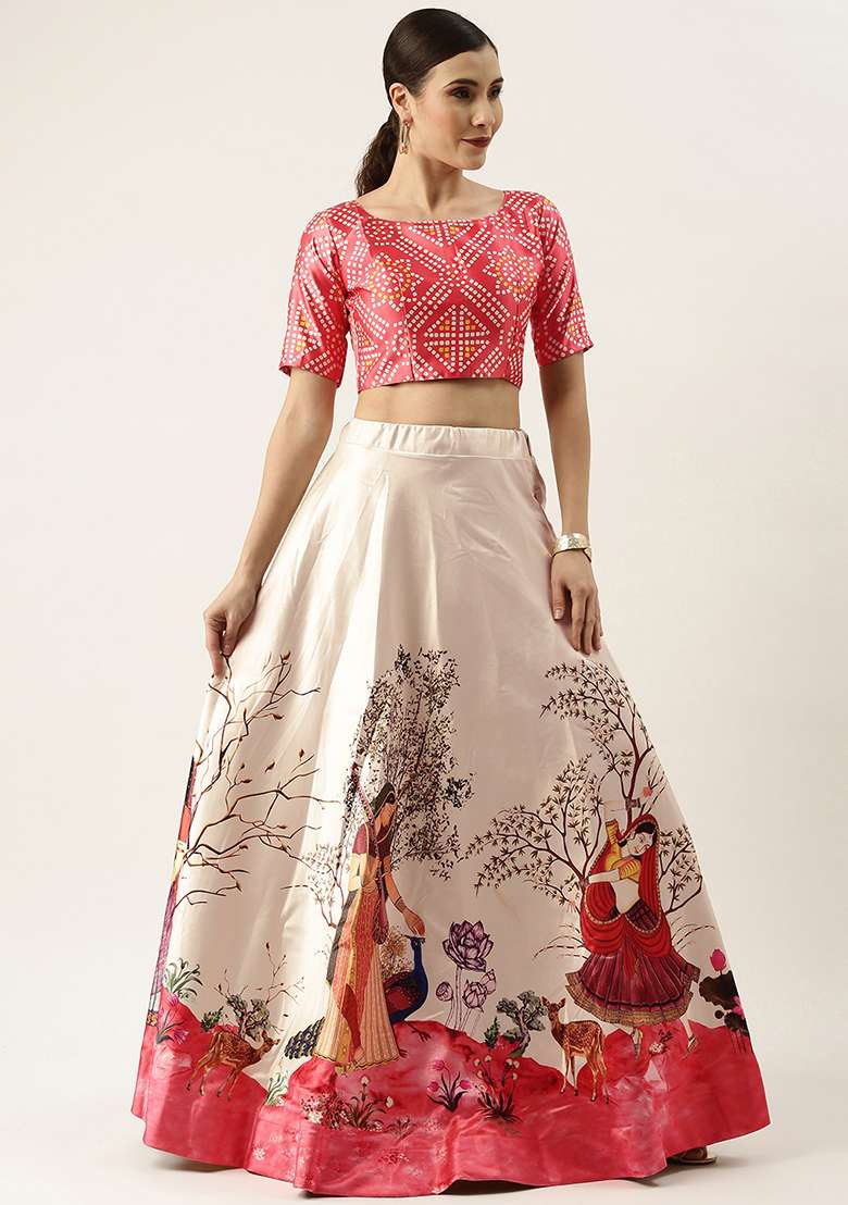 Red Printed Silk Blend Lehenga Set for Diwali and Festive Wear - Indya