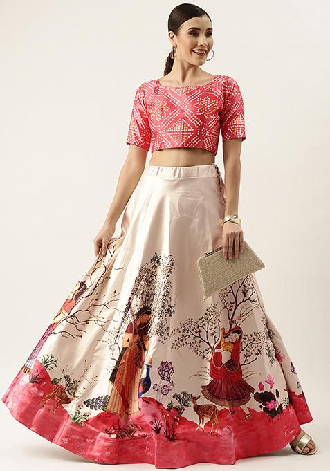 Red Printed Silk Lehenga Set