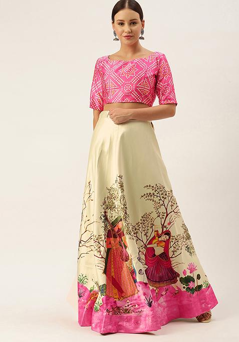 Pink Printed Satin Lehenga Set