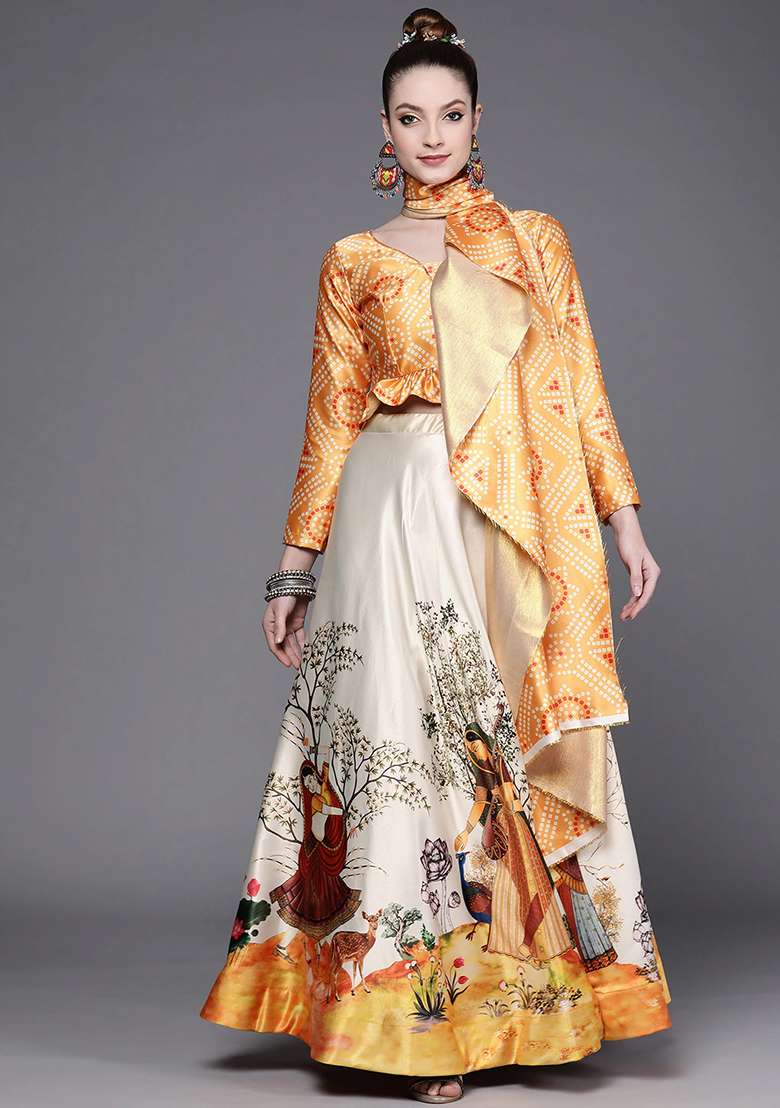 Yellow Silk Blend Lehenga Set with Digital Print for Diwali | Wedding & Festive Wear - Indya