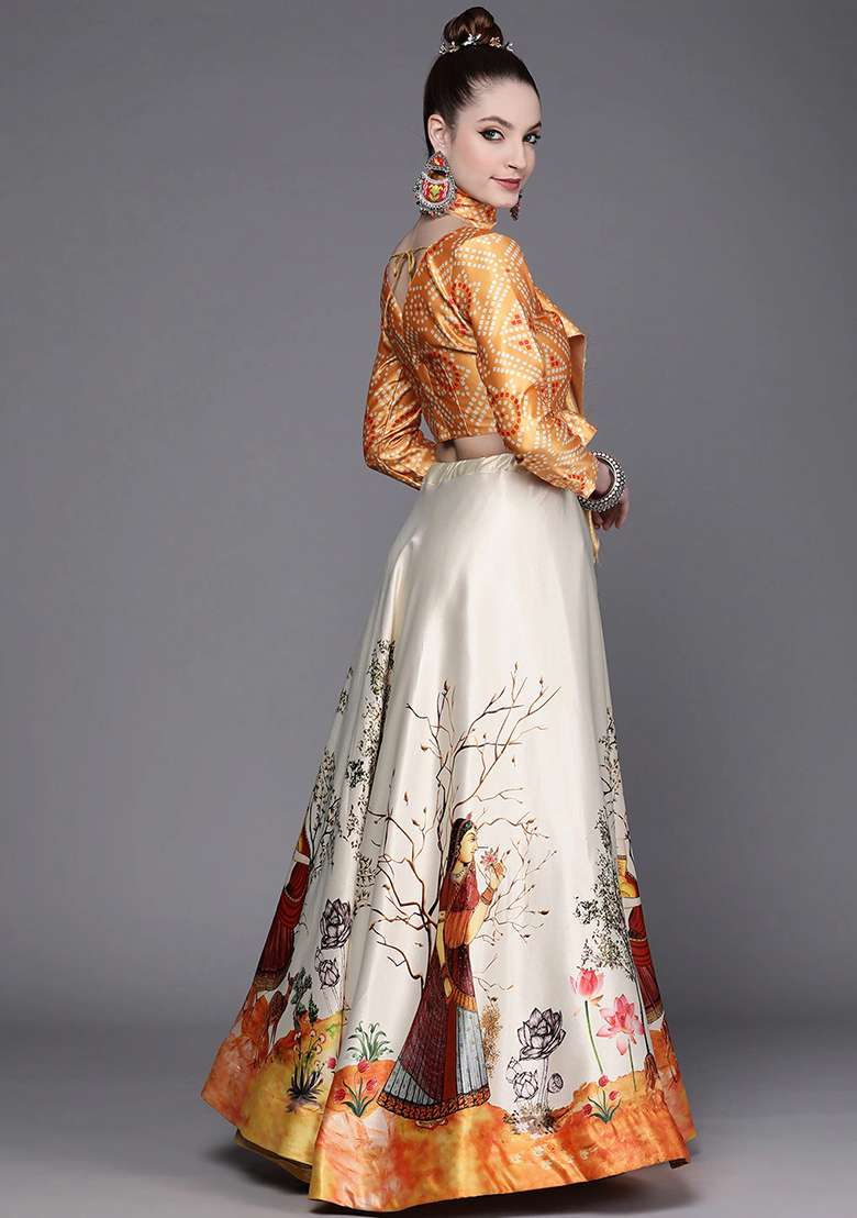 Yellow Silk Blend Lehenga Set with Digital Print for Diwali | Wedding & Festive Wear - Indya