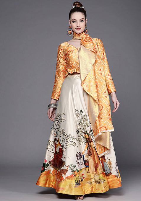 Yellow Digital Print Silk Lehenga Set