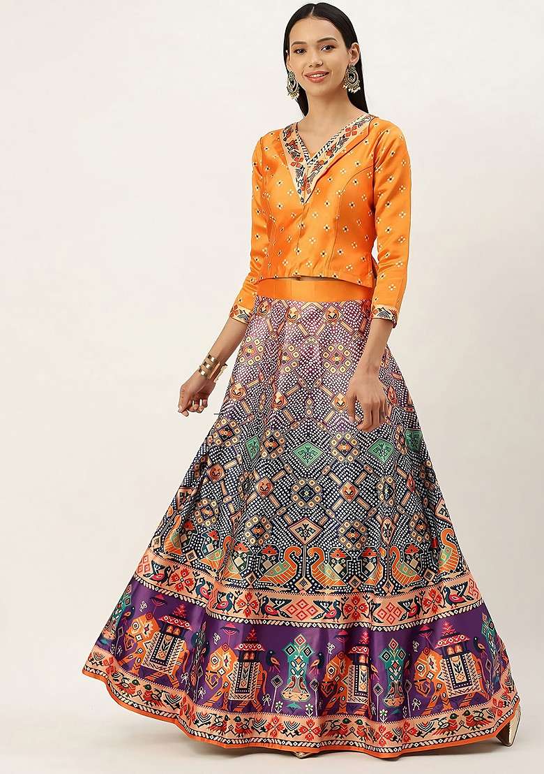 Mustard Blend Satin Silk Lehenga Set with Digital Print for Diwali | Wedding & Festive Wear - Indya