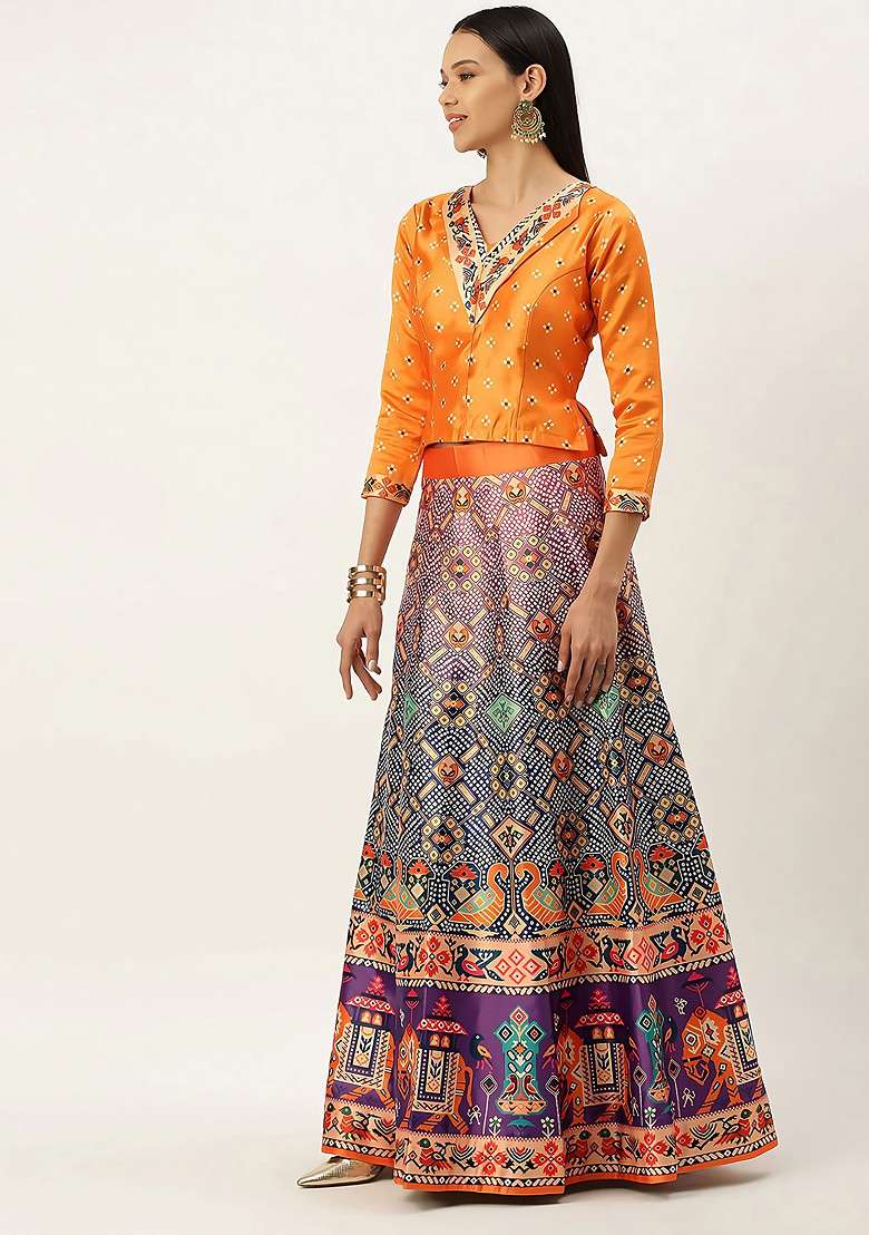 Mustard Blend Satin Silk Lehenga Set with Digital Print for Diwali | Wedding & Festive Wear - Indya