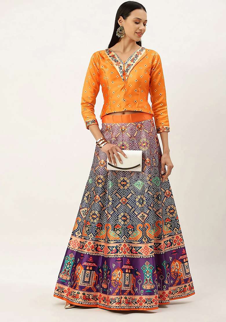 Mustard Blend Satin Silk Lehenga Set with Digital Print for Diwali | Wedding & Festive Wear - Indya