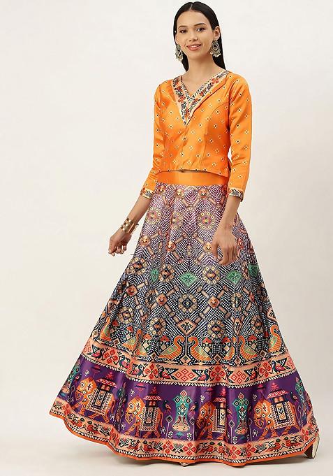 Mustard Digital Print Satin Silk Lehenga Set