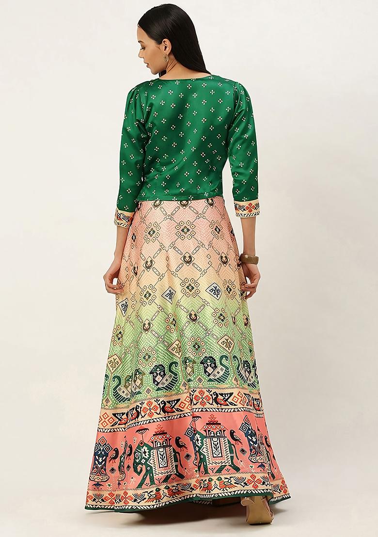 Dark Green Digital Print Satin Silk Lehenga Set