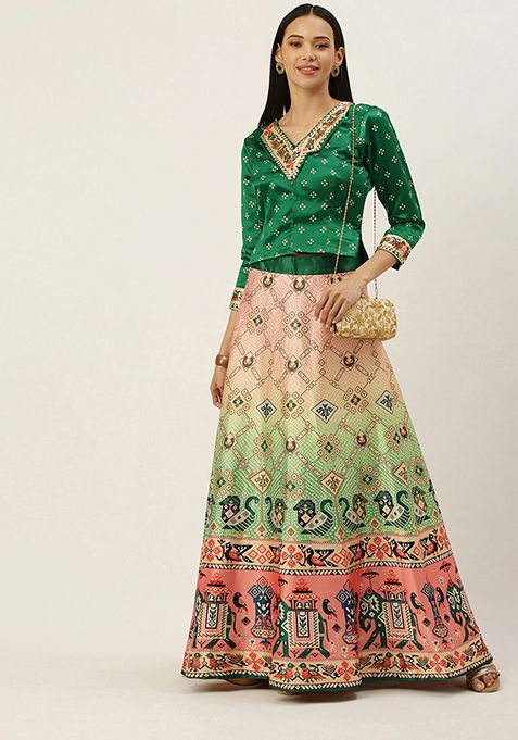 Dark Green Digital Print Satin Silk Lehenga Set