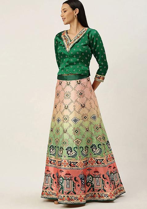 Dark Green Digital Print Satin Silk Lehenga Set