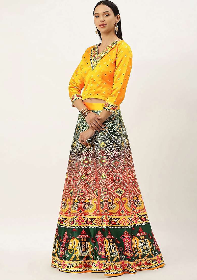 Yellow Blend Satin Silk Lehenga Set with Digital Print for Diwali | Wedding & Festive Wear - Indya
