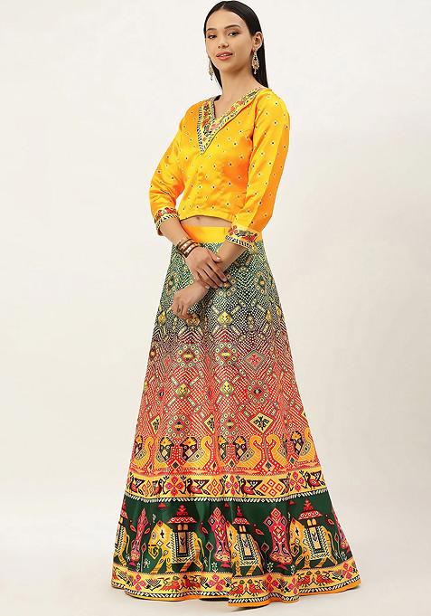 Yellow Digital Print Satin Silk Lehenga Set