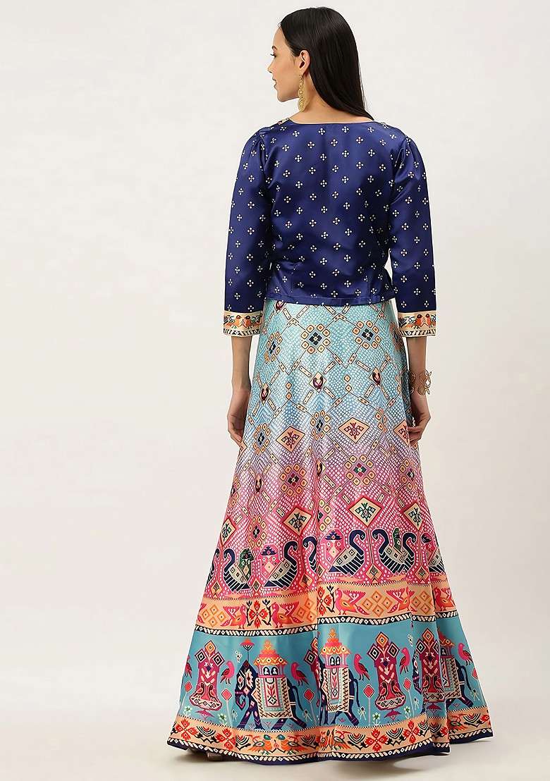 Royal Blue Digital Print Satin Silk Blend Lehenga Set for Diwali and Festive Wear - Indya