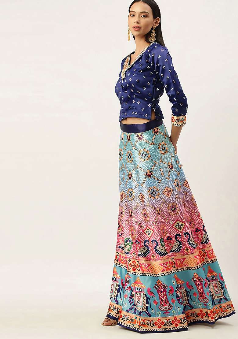 Royal Blue Digital Print Satin Silk Blend Lehenga Set for Diwali and Festive Wear - Indya