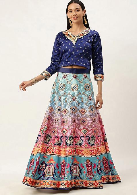 Royal Blue Digital Print Satin Silk Lehenga Set