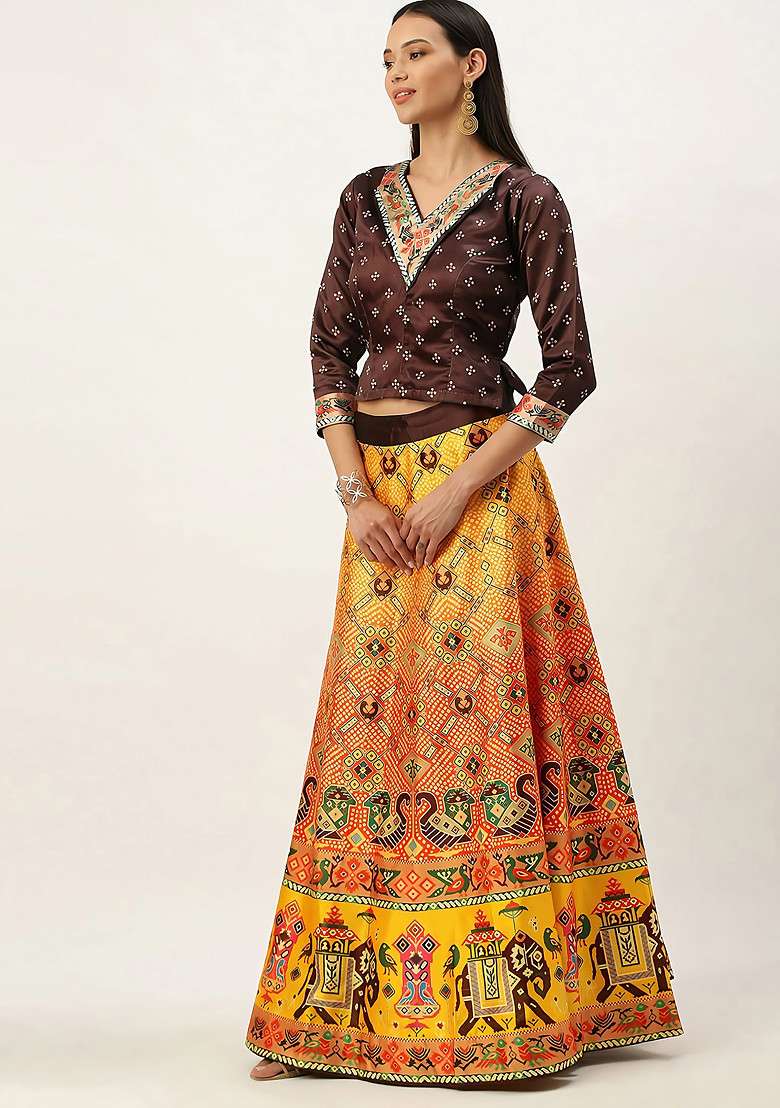 Coffee Digital Print Satin Silk Blend Lehenga Set for Diwali and Festive Wear - Indya
