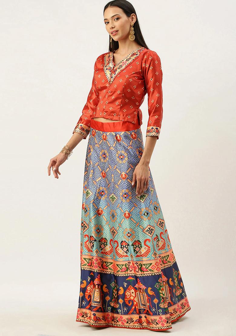 Red Digital Print Satin Silk Lehenga Set