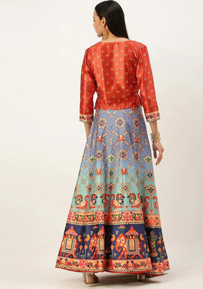 Red Digital Print Satin Silk Lehenga Set