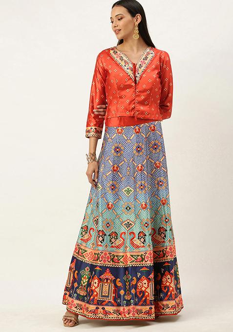 Red Digital Print Satin Silk Lehenga Set