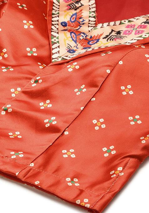 Red Digital Print Satin Silk Lehenga Set