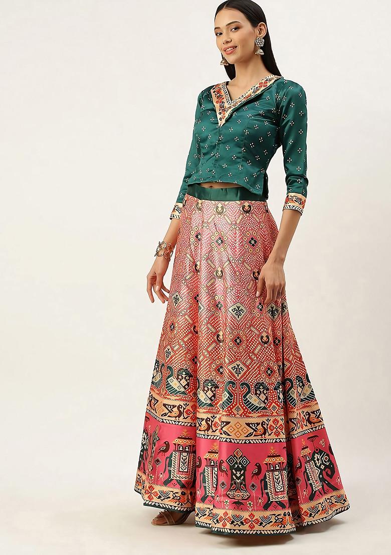 Teal Digital Print Satin Silk Lehenga Set