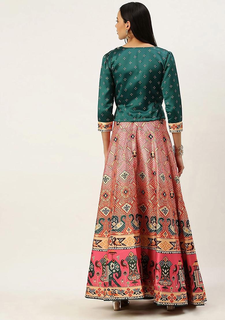 Teal Digital Print Satin Silk Lehenga Set