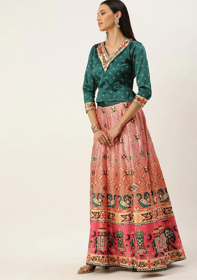 Teal Digital Print Satin Silk Lehenga Set