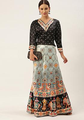 Black Digital Print Satin Lehenga Set
