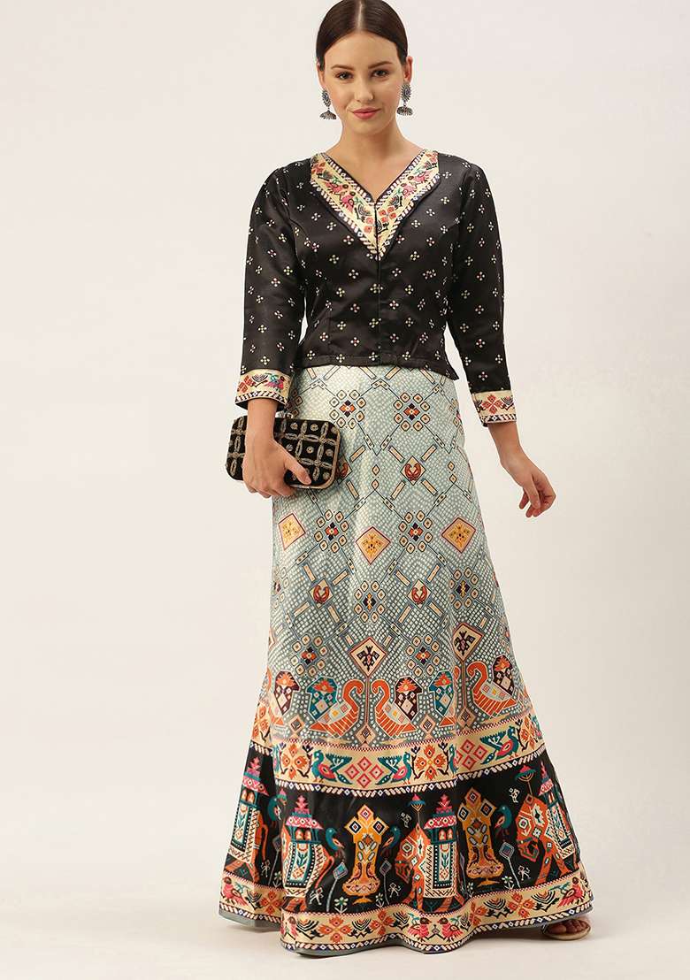 Black Digital Print Satin Lehenga Set for Diwali and Festive Wear - Indya