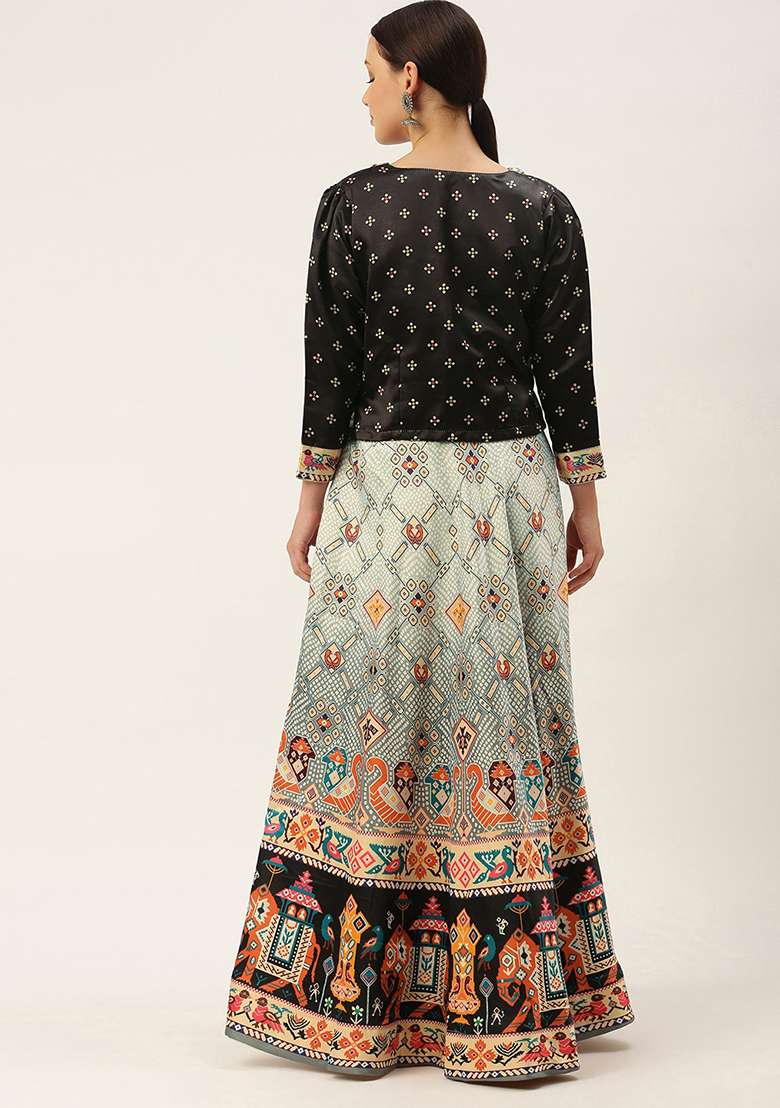 Black Digital Print Satin Lehenga Set for Diwali and Festive Wear - Indya