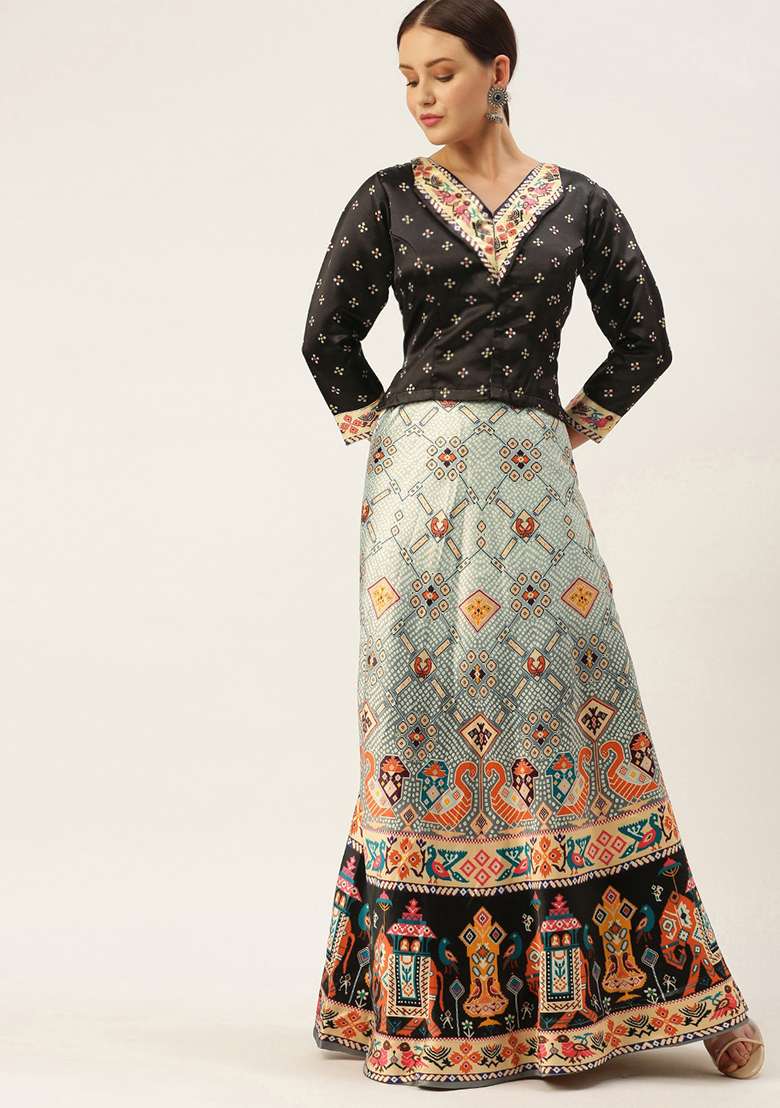 Black Digital Print Satin Lehenga Set for Diwali and Festive Wear - Indya