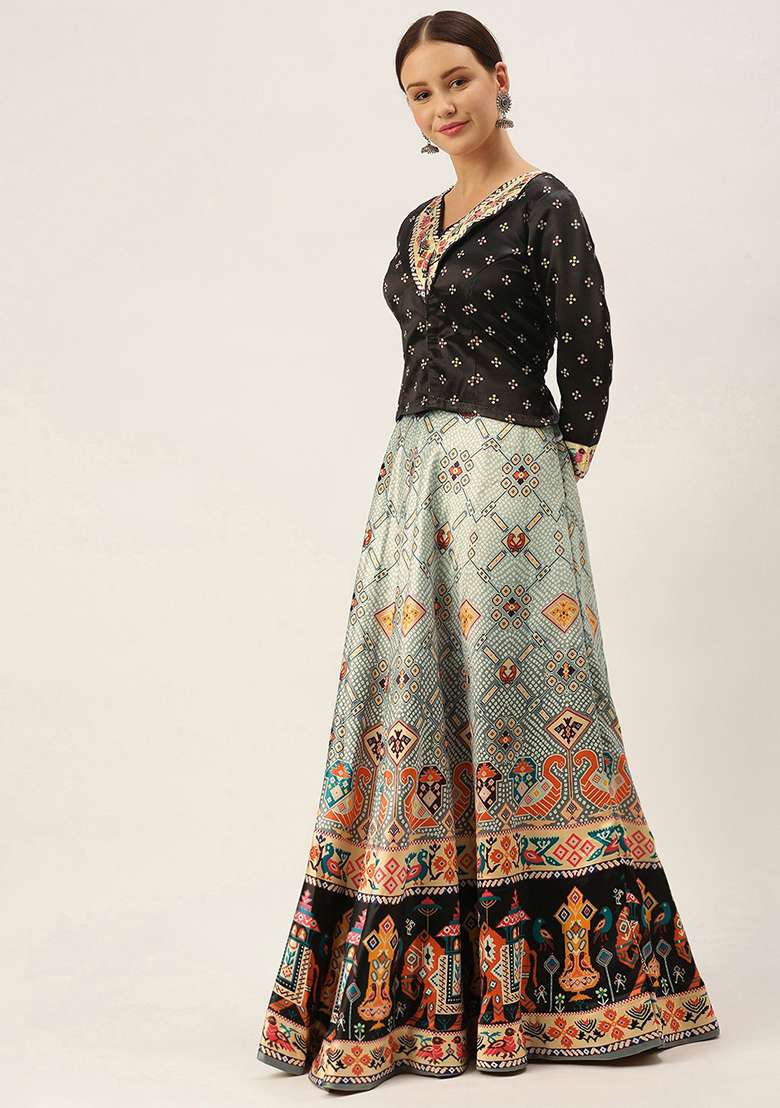 Black Digital Print Satin Lehenga Set for Diwali and Festive Wear - Indya