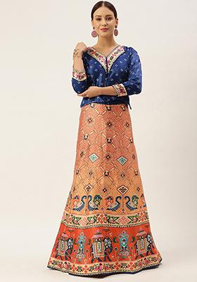 Navy Blue Digital Print Satin Silk Lehenga Set