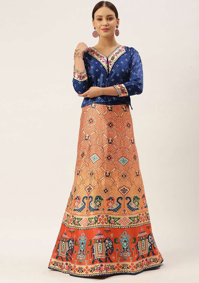Navy Blue Digital Print Satin Silk Blend Lehenga Set for Diwali and Festive Wear - Indya